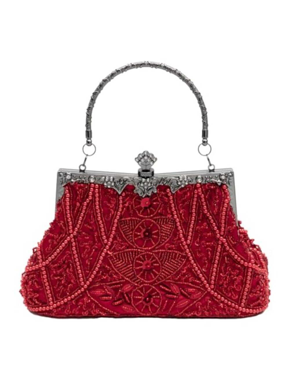 Beaded Sequins Floral Leaf Evening Clutch Bag Detachable Chain Formal
